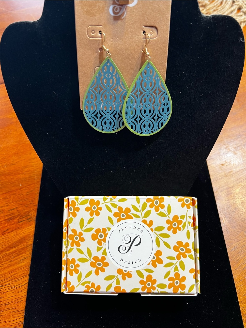 Plunder Blue and Green Filigree Teardrop Earrings